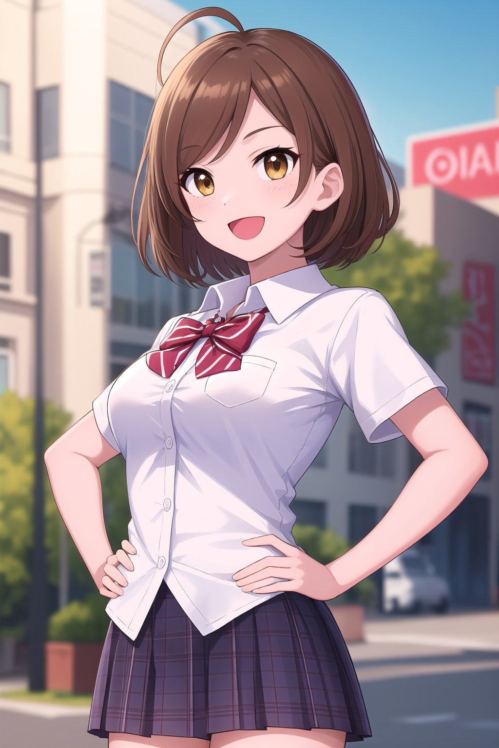 (masterpiece, best quality), highly detailed background, perfect lightingbest quality, imyujin, solo, outdoors, city, brown hair, ahoge, swept bangs, parted bangs, short hair, brown eyes, medium breasts, red bowtie, diagonal-striped bowtie, collared shirt, white shirt, short sleeves, hands on hips, purple skirt, plaid skirt, school uniform, smile, open mouth, :d, <lora:Im-Yujin:0.5>