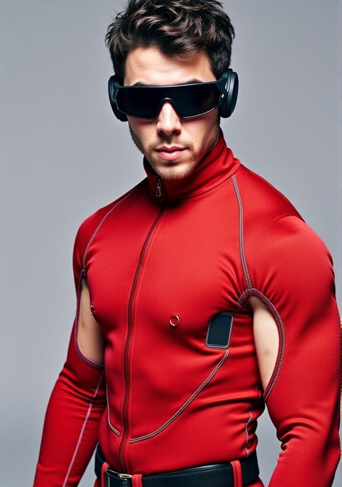 Nick Jonas ,  Hi-res photo. He wears futuristic electronic glasses. He is wearing a light red,  close fitting flight suit...