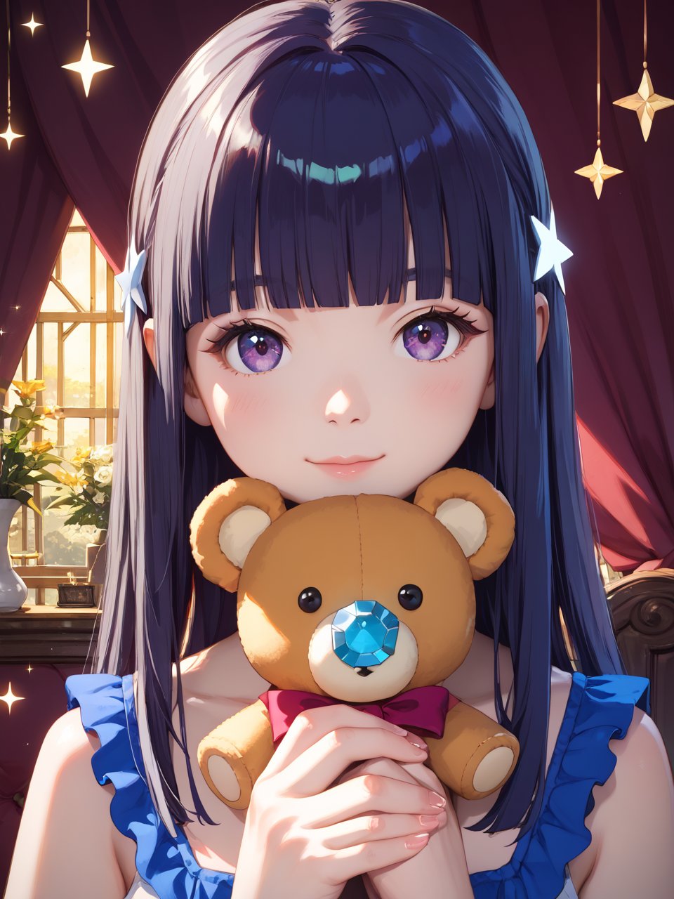 score_9,score_8_up,score_7_up,source_real,rating_explicit BREAKmature female,1girl,solo,alone,looking at viewer,smiling,long hair,long hair,ribbon,straight bangs,hime cut,frilled cute dress,holding,holding large teddy bear,detailed anime,concept art,illustration,(face focus:1.2, portrait:1.3),complex detailed,AddXL,style5,close-up,crystal,eye focus,gem,sparkle,star \(symbol\),