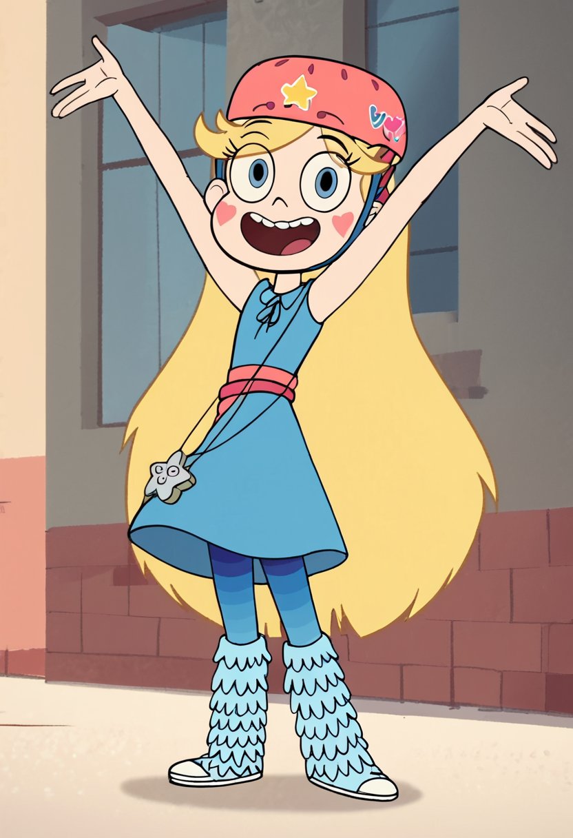 <lora:StarButterfly2.0:1> starbutterfly, 1girl, blonde hair,arms up, helmet,star \(symbol\),   long hair, solo,open mouth,  , smile, very long hair, dress, pantyhose, striped pantyhose, blue dress, standing, facial mark, full body, sneakers, blue legwarmers, sleeveless, pink belt, score_9, score_8_up, score_7_up, score_6_up, score_5_up, score_4_up, looking at viewer,outdoors, 