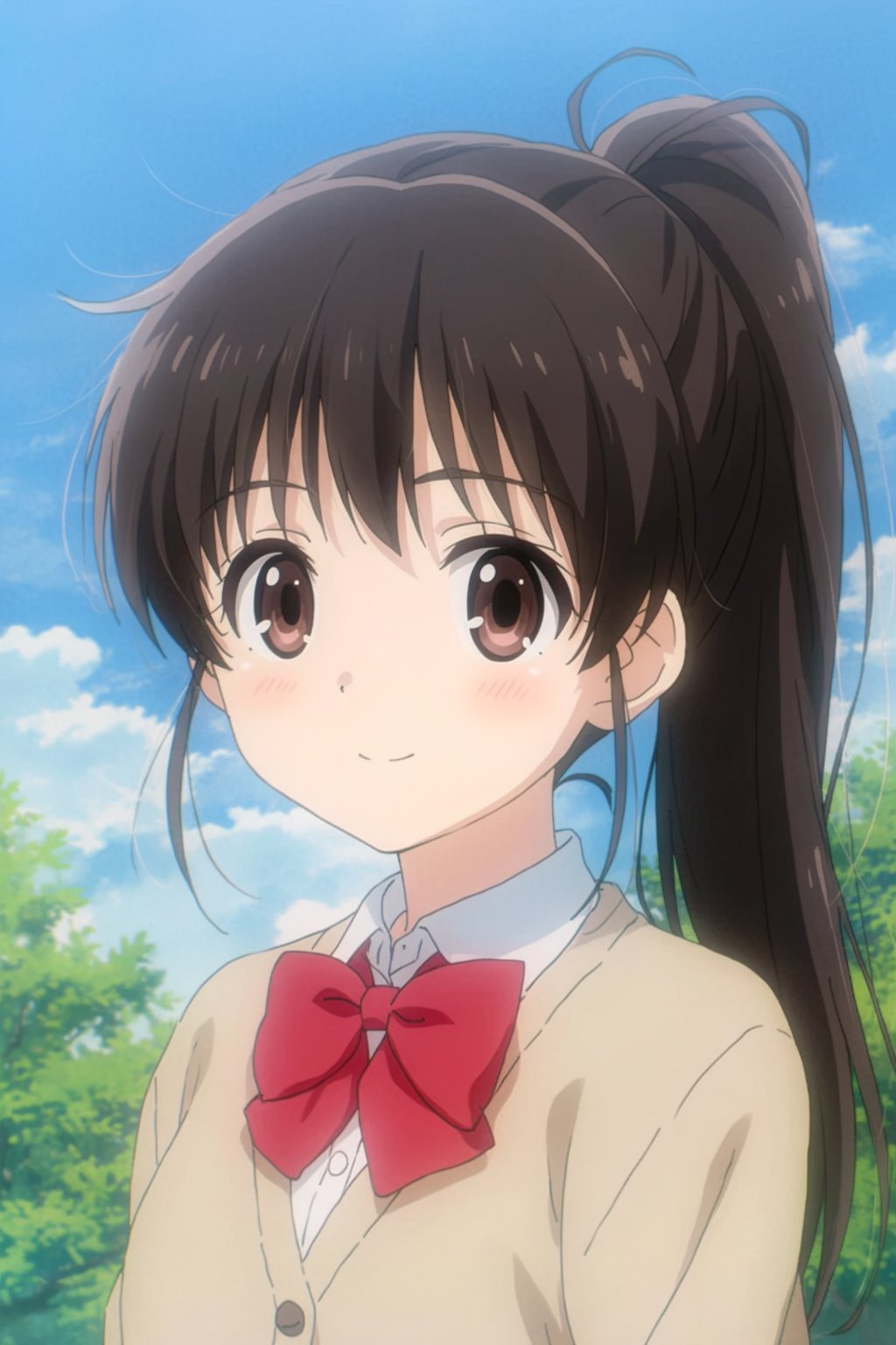 a cute young girl with large,  expressive brown eyes and long,  dark brown hair tied in a high ponytail. She has fair skin...