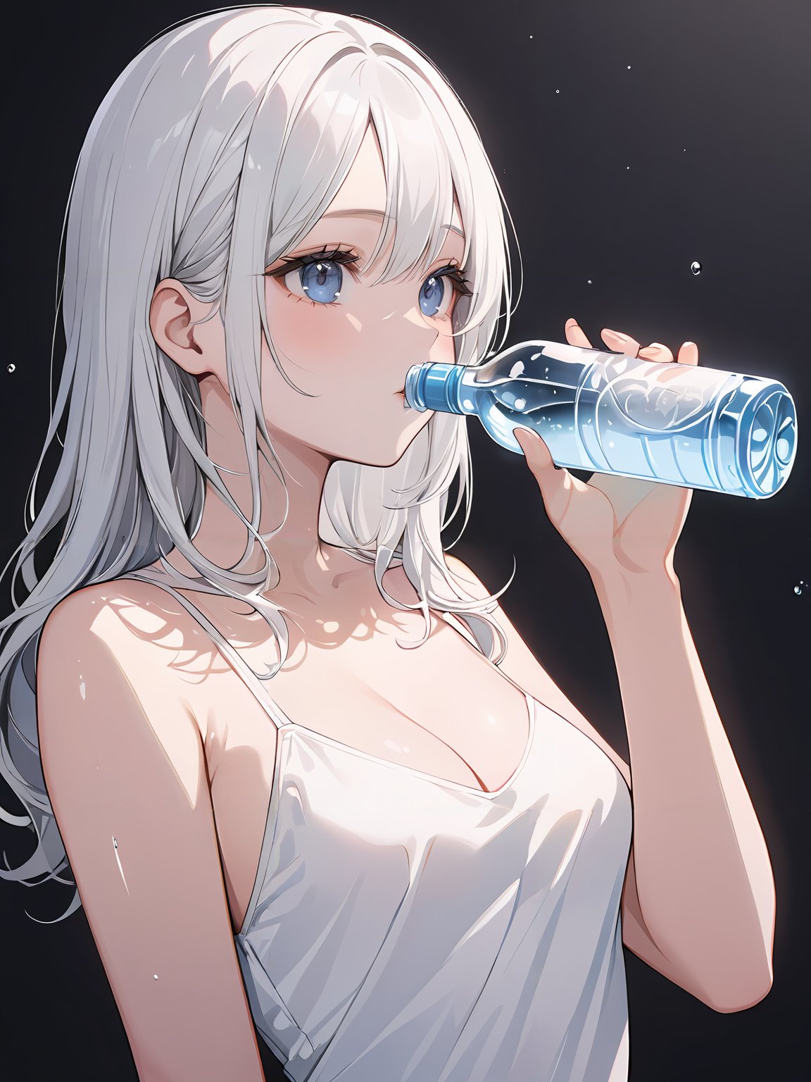 masterpiece,ultra-detailed,best quality,8K,illustration,cute face,clean skin ,shiny hair,girl,middle breasts,ultra-detailed-eyes,simple background, <lora:add-detail-xl:1>  <lora:drinking_XL_V1.0:1> drinking, holding bottle,water