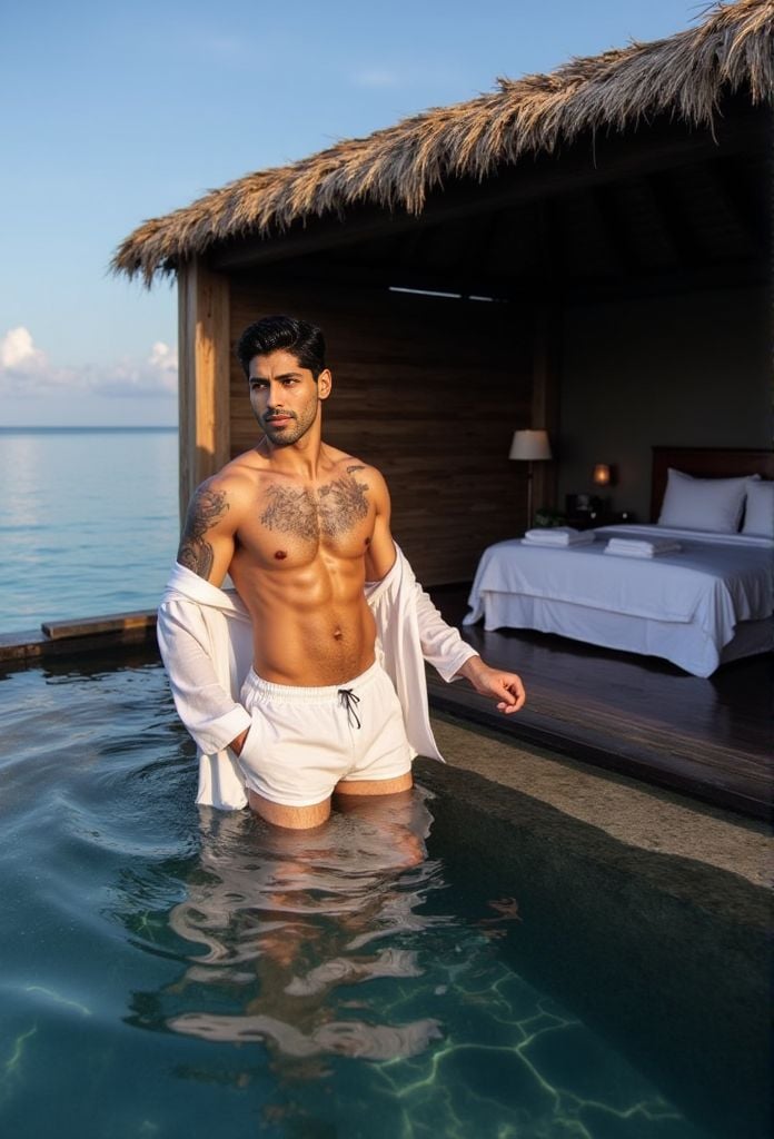 Smaran Sahu ,  standing by the pool in Maldives in open shirt,  sexy by HottiesnHotties on Tensor.Art