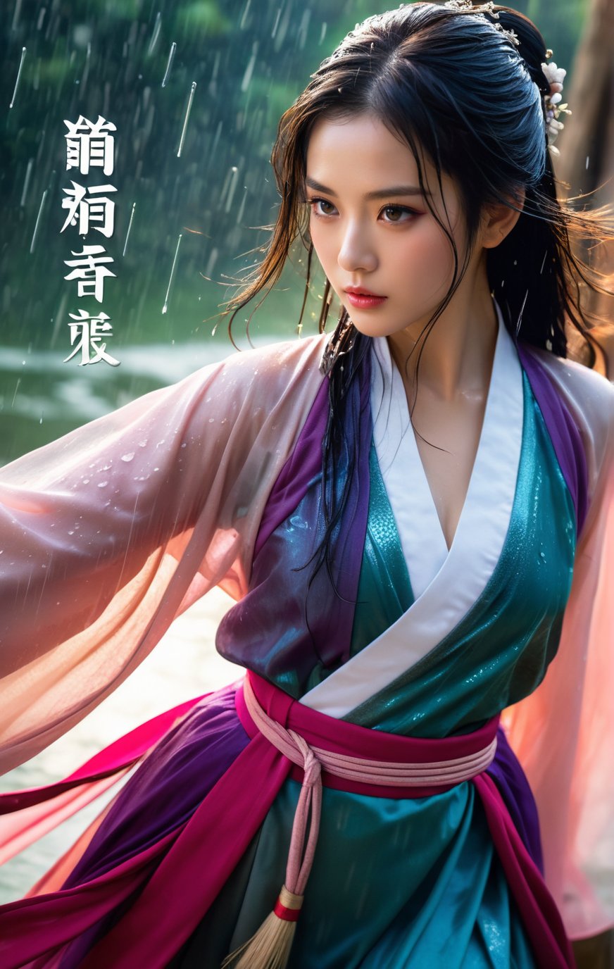 18 y.o beautiful girl and monster,transparent hanfu,masterpiece,best quality,eyes close-up,from_above,best fingers,facing viewer,magnificent,celestial,ethereal,painterly,epic,majestic,magical,fantasy art,cover art,dreamy,elegant,cinematic,background illuminated,rich deep colors,ambient dramatic atmosphere,creative,perfect,beautiful composition,intricate,detailed,ink and wash,soft backlight,traditional chinese characters,magazine cover,pink long upper shan,heavy rain,exaggerated dynamic posture,wet clothes,glaring,angry,wet_hair,(wet body:1.3),(take the sword:1.4),battle posture,