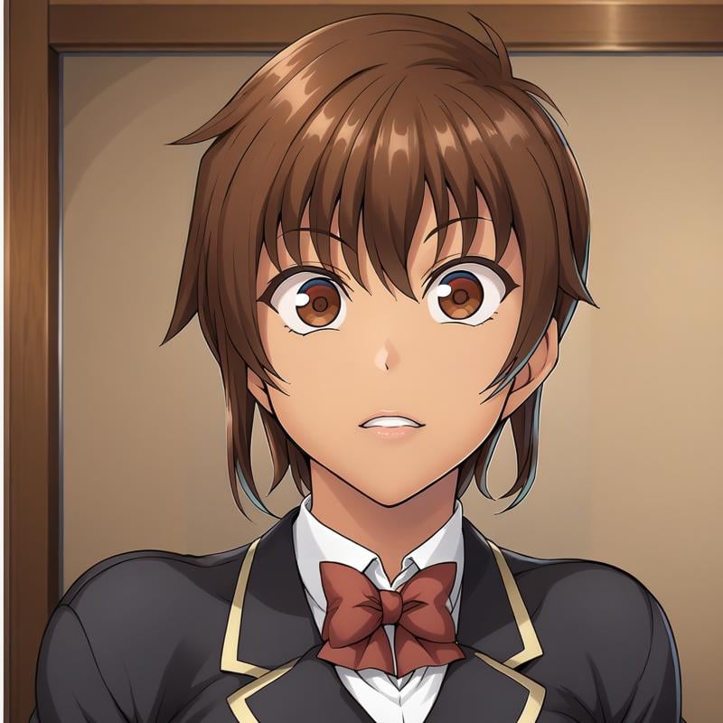 <lora:NagisaFujimaXLpony001>,parted lips,solo,NagisaFujima,1girl,brown hair,short hair,brown eyes,tan,school_uniform,black blazer,red bowtie,upper body,