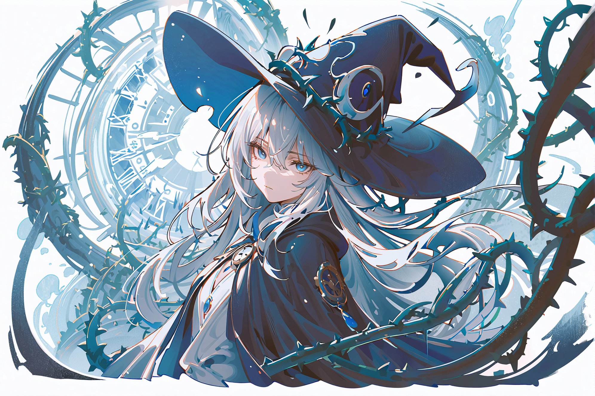 white background,(cropped torso),line art,line style,(monochrome),ink splash,thorns,clock,1girl,solo,blue eyes,white hair,long hair,hair between eyes,witch hat,long sleeves,robe,cloak,upper body,expressionless,half-closed eyes,looking at viewer,masterpiece,bestquality,onnk,