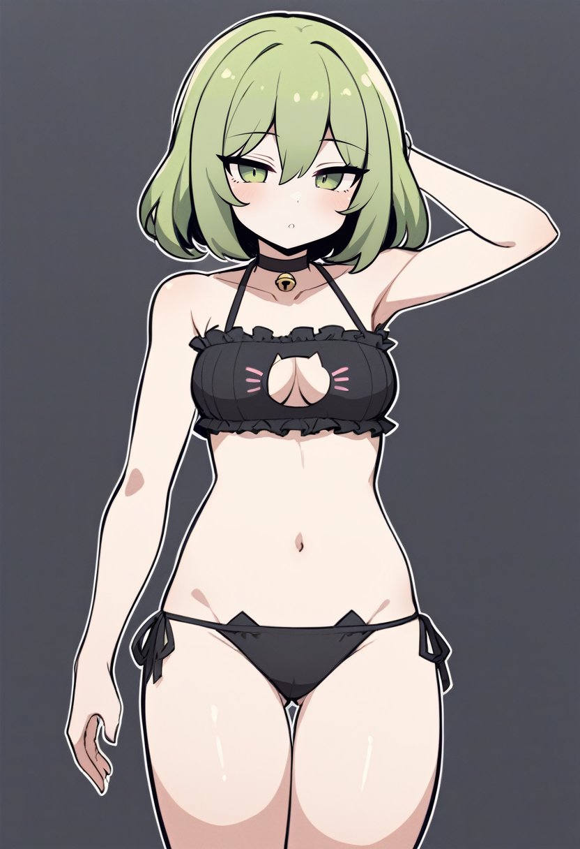 (art by goma \(gomasamune\):0.5), solo, 1girl, expressionless, looking at viewer, standing, medium hair, green hair, catlingerie, choker, neck bell, breasts, masterpiece, best quality, newest <lora:attire_catlingerie_xl-000004:1.1>