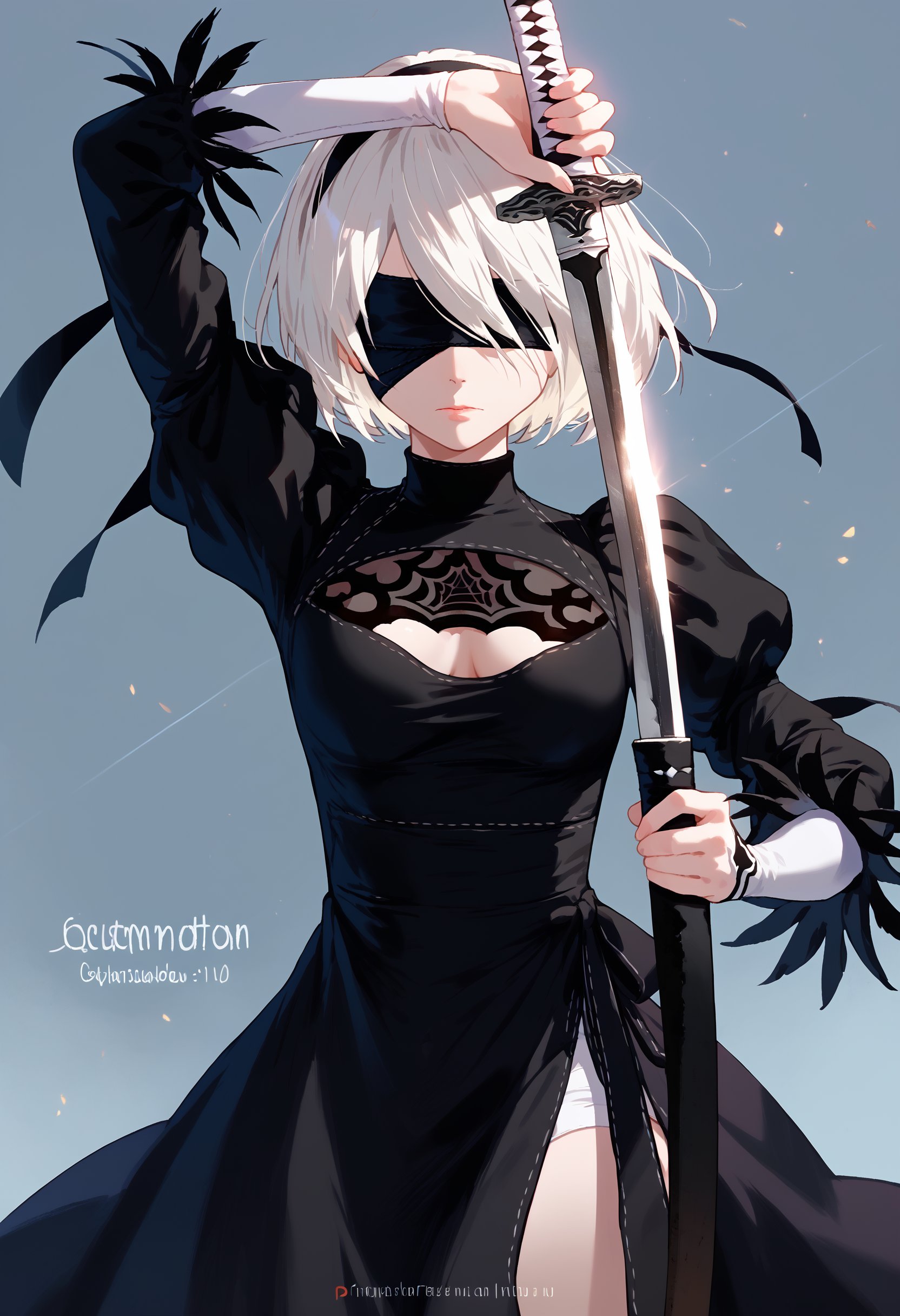 score_9, score_8_up, score_7_up, arm up unsheathing sword, 1girl, yorha no. 2 type b, black blindfold, simple background, black dress<lora:unsheathing_pose_vertical_3_final:1>