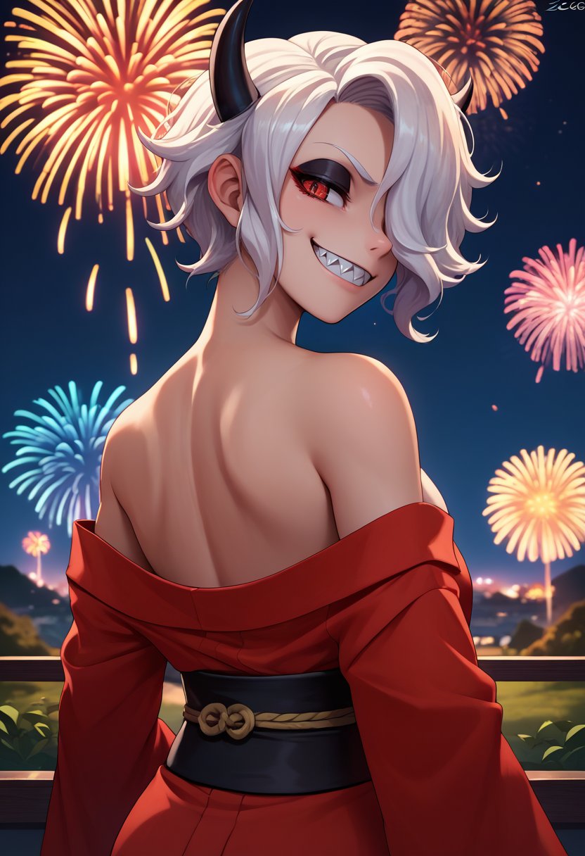 score_9, score_8_up, score_7_up, source_anime, from behind, solo, 1girl, htzdrada, sharp teeth, eyeshadow, smile, looking back, hair over one eye, black horns, demon horns, red kimono, off shoulder, black sash, bare shoulders, fireworks <lora:helltaker_zdrada_ponyXL:1>