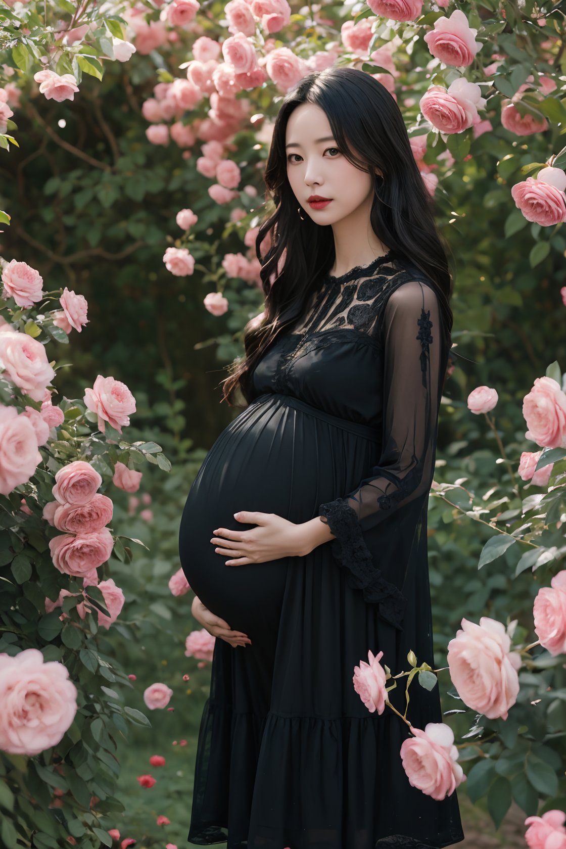 <lora:玫瑰之约:0.7>,heimeigui,a pregnant woman,rose,pink flowers,red_flowers,black dress,(masterpiece:1.2, best quality),