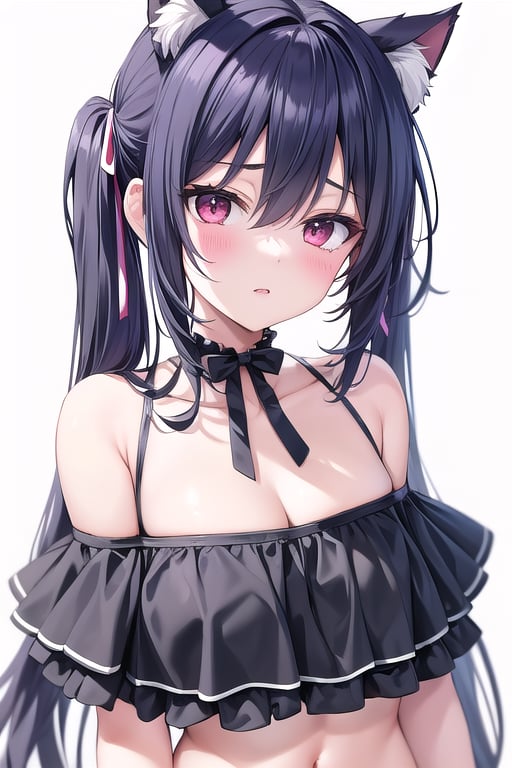 1girl, solo, swimsuit, off-shoulder_bikini, animal_ears, bikini, black_bikini, long_hair, black_hair, animal_ear_fluff, twintails, red_eyes, frilled_bikini, off_shoulder, navel, looking_at_viewer, cat_ears, medium breasts, white_background, simple_background, frills, ribbon, blush, very_long_hair, collarbone, hair_ribbon, bare_shoulders, bangs, hair_between_eyes, cleavage, stomach, parted_lips, blue_ribbon, upper_body, potrait<lora:EMS-179-EMS:0.300000>, <lora:EMS-397687-EMS:0.800000>