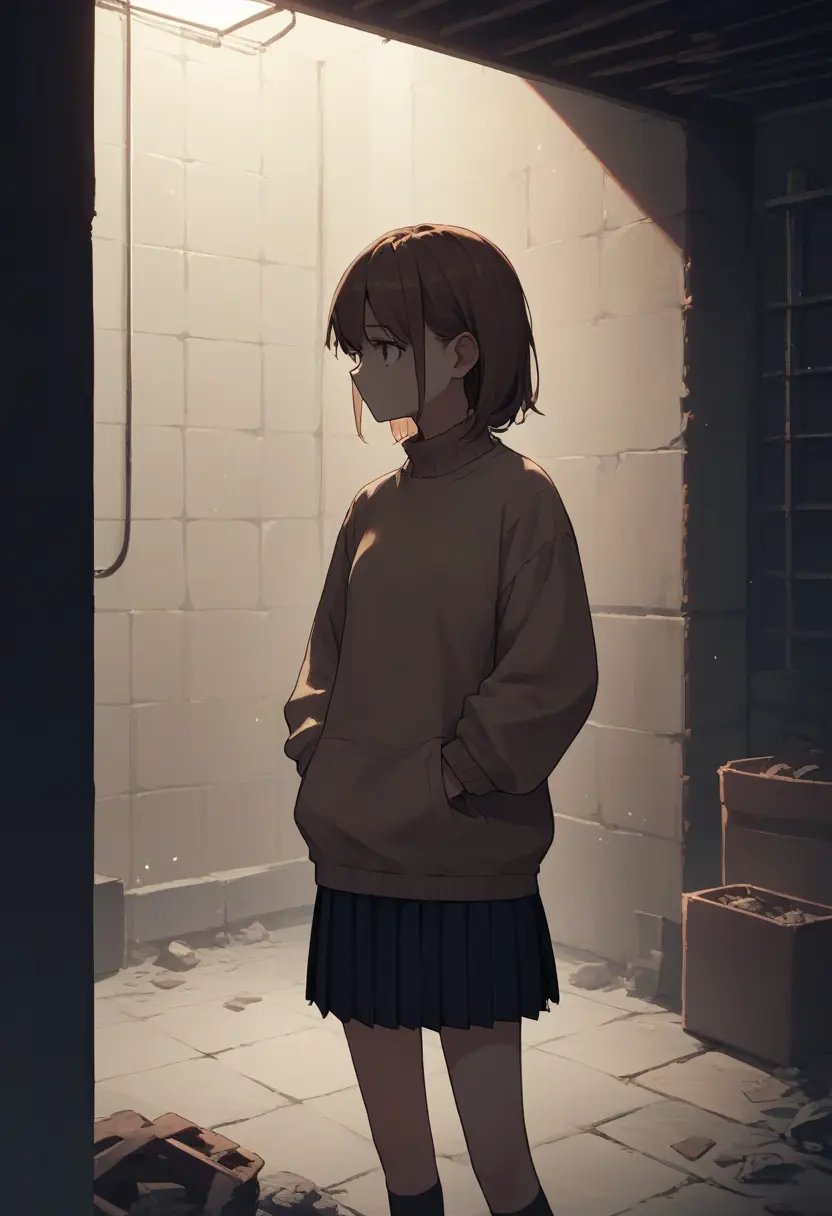 score_9, score_8_up, score_7_up, score_6_up, source_anime, 1girl, basement, dimly lit, dark, rimlight,brown hair, pleated skirt, sweater,cowboy shot, <lora:basement_v0.2-pony:1>