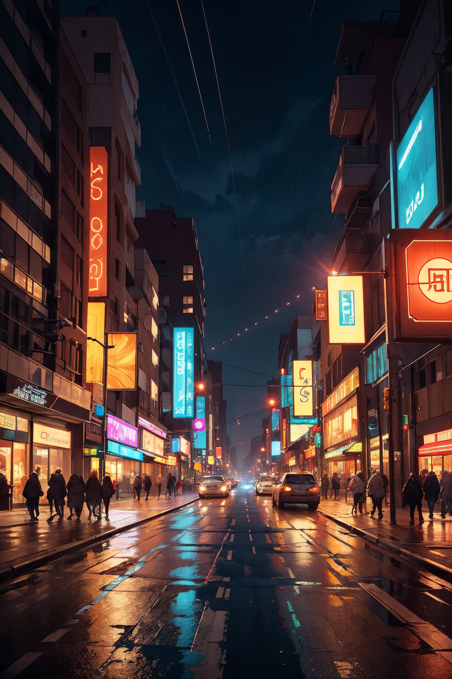 sepia filter, midnight, heavy rain, futuristic neo-noir megapolis streets, huge chasm in the middle of the street with commercial district below, holographic ads everywhere, 8k resolution, intricately detailed art, intricate detail, hyperdetailed, volumetric lighting, dynamic lighting