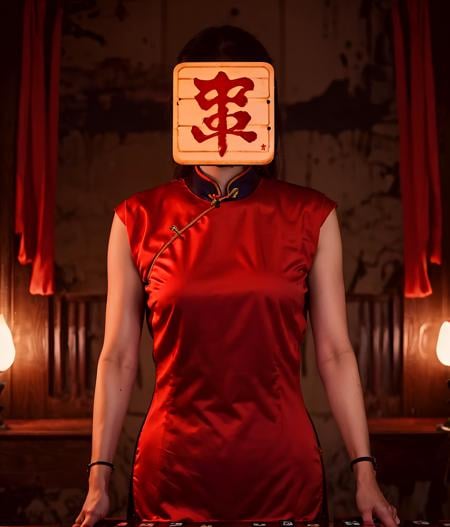 1girl,((a rectangular mahjong sign)),emoji,no head,china dress,curvy,solo,upper_body,blood_trail,indoors,ruins,no humans,red theme,horror \(theme\),Chinese horror,<lora:Chinese_horror_v1:0.7>,