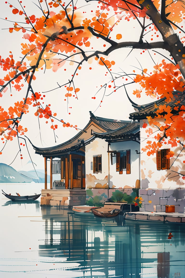 masterpiece,best quality,colorful inkpainting, scenery, no humans, reflection, tree, architecture, east asian architecture, autumn leaves, water, outdoors, leaf <lora:colorful-inkpainting-000016:0.8>,