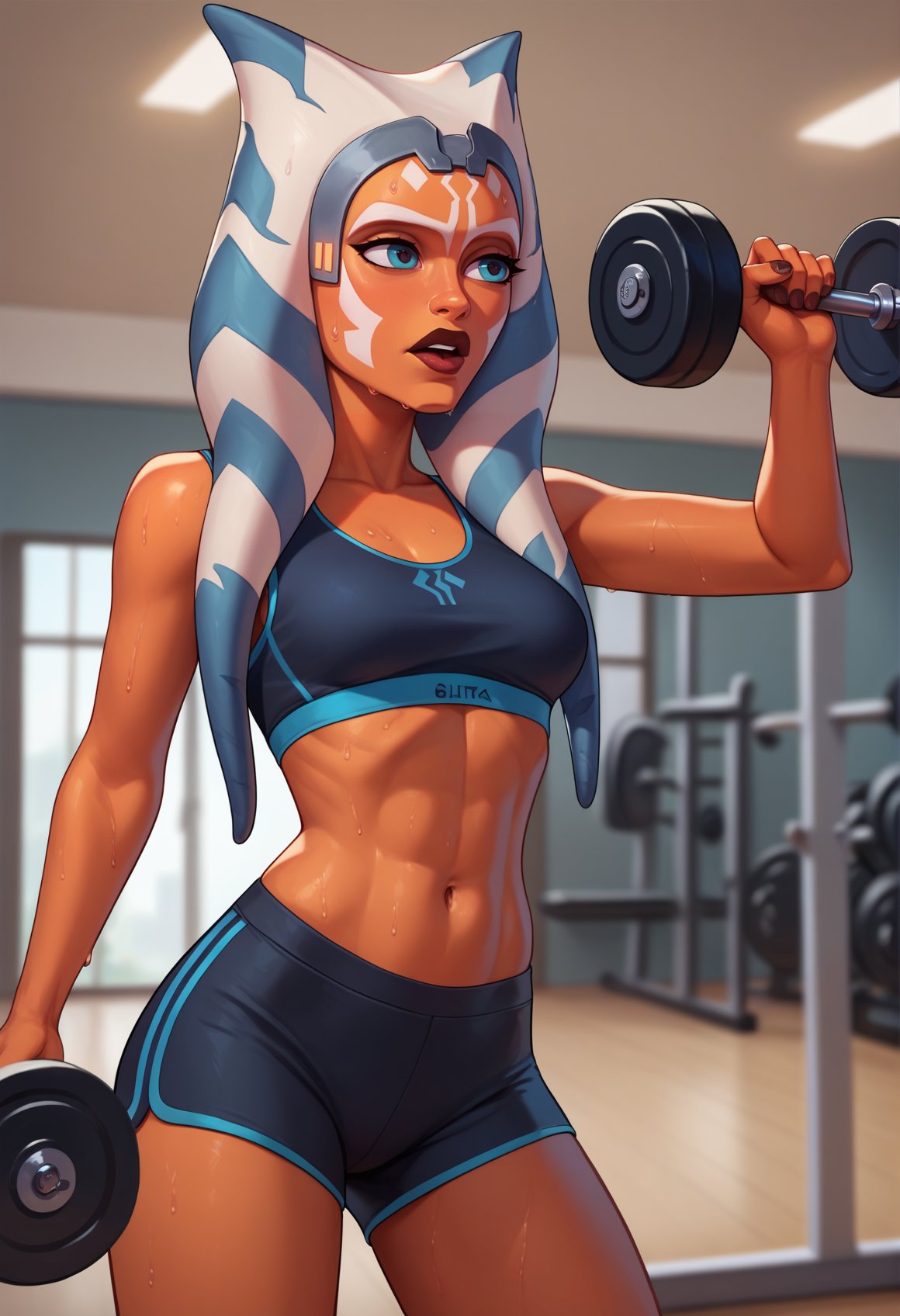 score_9, score_8_up, score_7_up, female, solo, grey headband, ahss7, medium breasts, <lora:AhsokaS7PDXL_V1-Manityro-adamw:0.8>, indoors, gym, sweat, panting, holding dumbbell, arms at sides, toned, sports bra, black sportswear, sports shorts