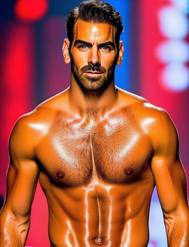 Sacha Baron Cohen a man ,  walking on the ramp participating in Mr. World bikini brief swimwear round,  super realistic by...