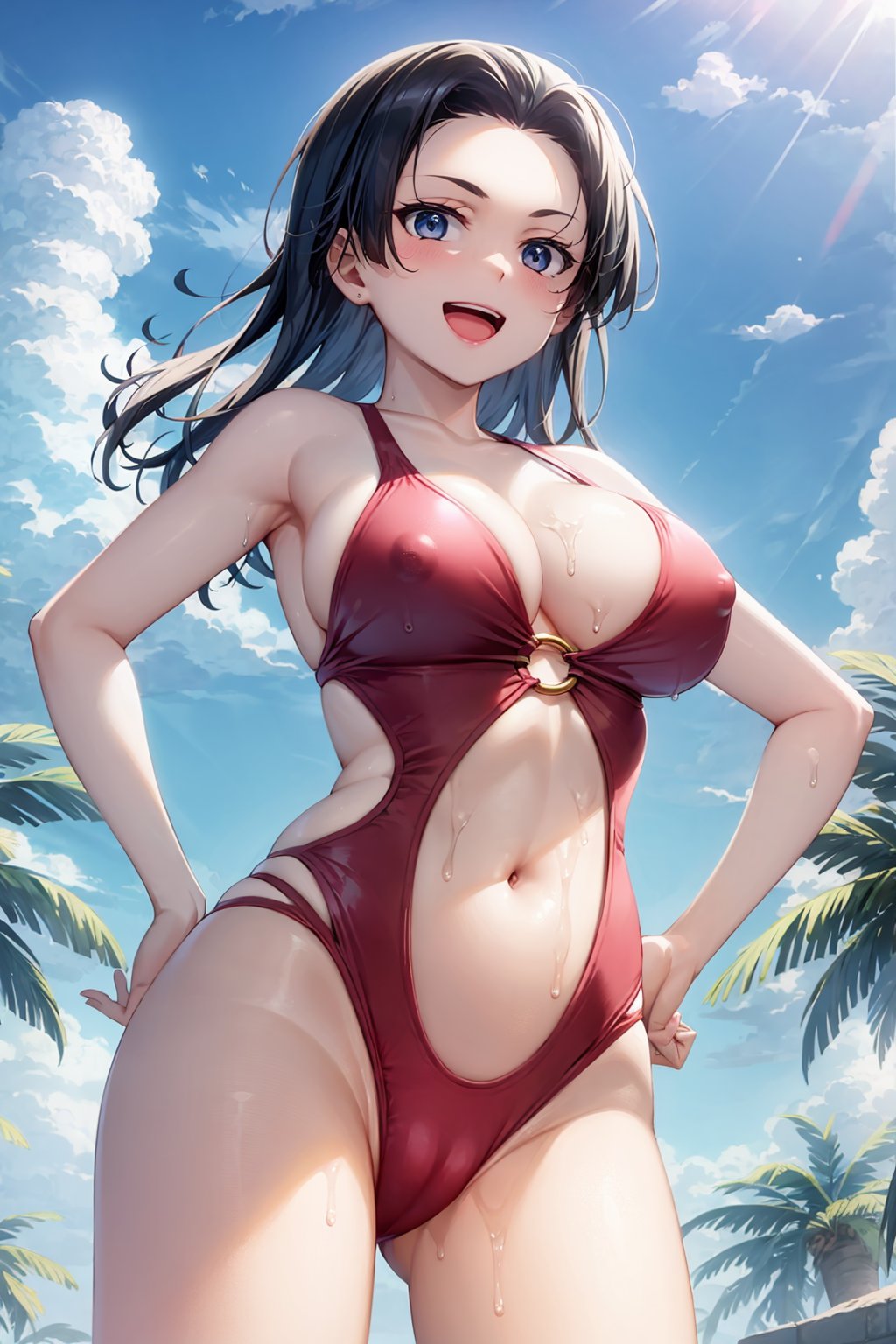 masterpiece, best quality,  <lora:kongoumitsuko:1>,1girl, solo, breasts, swimsuit, hand fan, black hair, long hair, large breasts, folding fan, day, sunlight, navel, one-piece swimsuit, sky, light rays, sunbeam, cloud, open mouth, from below, o-ring, casual one-piece swimsuit, covered nipples, smile, hand on hip, red one-piece swimsuit, :d, folded fan, cameltoe, purple eyes, cleavage, outdoors, looking at viewer, holding fan, holding, sun, slingshot swimsuit, o-ring top, cowboy shot, blue sky, lens flare, standing, blue eyes, wet