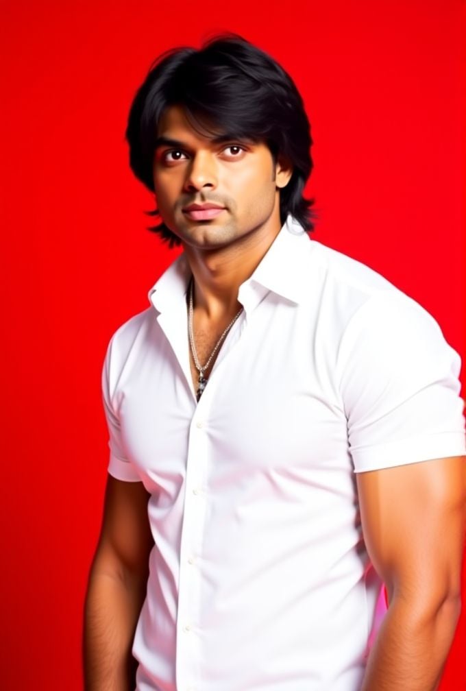 Neeraj Chopra ,  The image is a high-resolution photograph,  standing against a solid red background. wavy hair styled to...