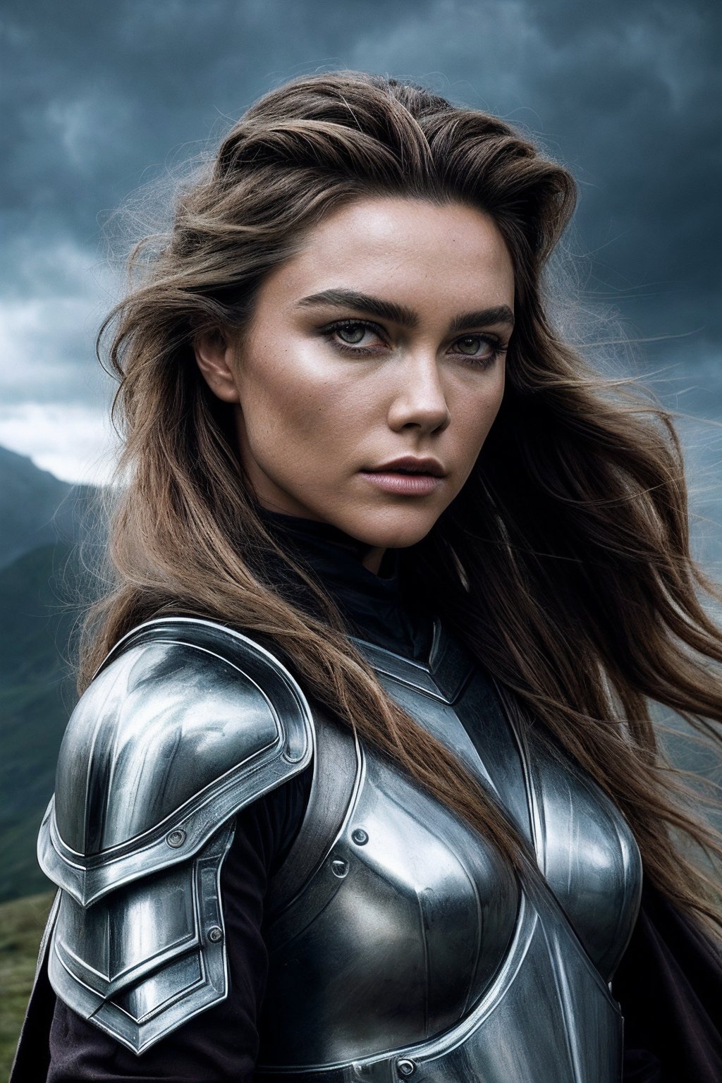 FlorenceP_SoloTI_v1,  (In a fierce,  battle-ready armor with intricate metallic detailing and flowing by Solo on Tensor.Art