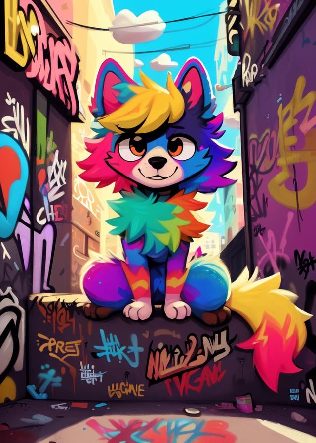 (by Jerro, by Velveteksotica, by Spikedmauler), quadruped feral chibi (sparkledog, graffiti, fluffy:1.25), front view, sitting, detailed background, colorful background, street, nebula, cloud, rainbow, lighting, masterpiece, best quality, light, 4k, 2k