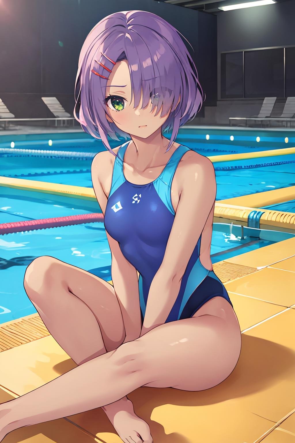 16k, highres, masterpiece, best quality, cinematic film still, a girl, serious, lookin afar, at swiming competition, 1girl, hmi, short_hair,   small breasts, hair_over_one_eye,  hairclip,  tan <lora:hmei_v1:0.7> competition swimsuit, , shallow depth of field, vignette, highly detailed, high budget, bokeh, cinemascope, moody, epic, gorgeous,film grain, grainy, 