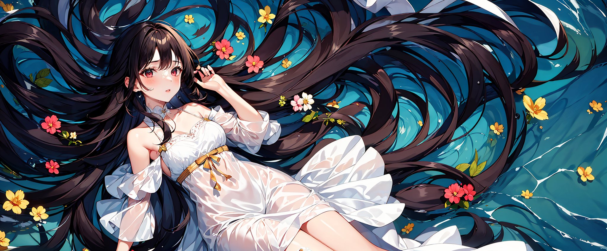 1girl,long hair,dress,solo,water,white dress,very long hair,black hair,brown hair,afloat,