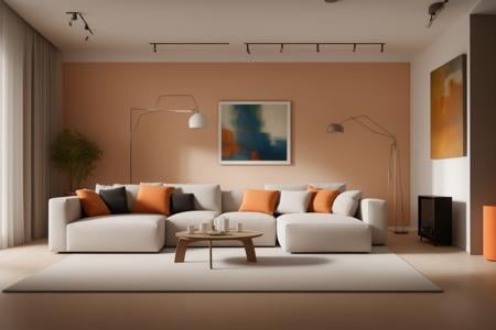 ((best quality)),((masterpiece)),((realistic)),living room,Modern minimalist Nordic style,Soft light,Pure picture,(Bright colors:1.2),Symmetrical composition,orange theme