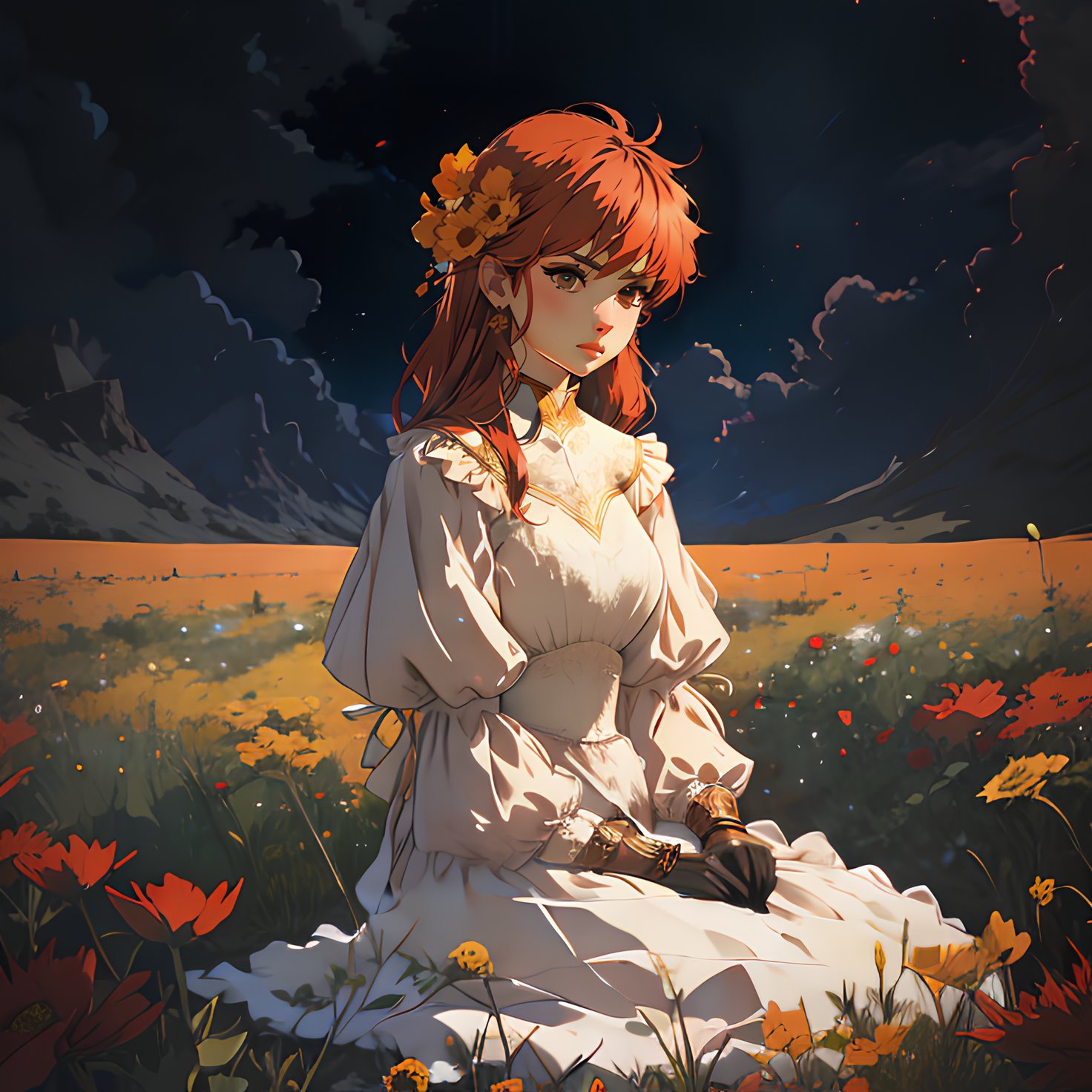 (high quality), nodf_lora, 1girl, solo, gloves, white dress, sitting, flower, yellow hair, red flower, scenery, afternoon, (depth of field, haze, dark), <lora:notion_of_dark_fantasy-nodf-08:1> 