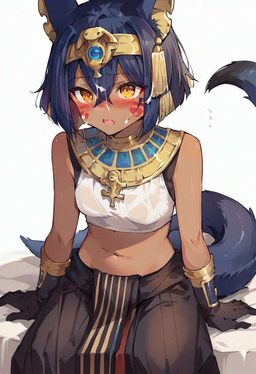 score_9, score_8, score_7, source_anime, ancient egyptian clothes, crop top, blush, hair between eyes, standing, small breasts, black gloves, sitting, facial mark, open mouth, tail