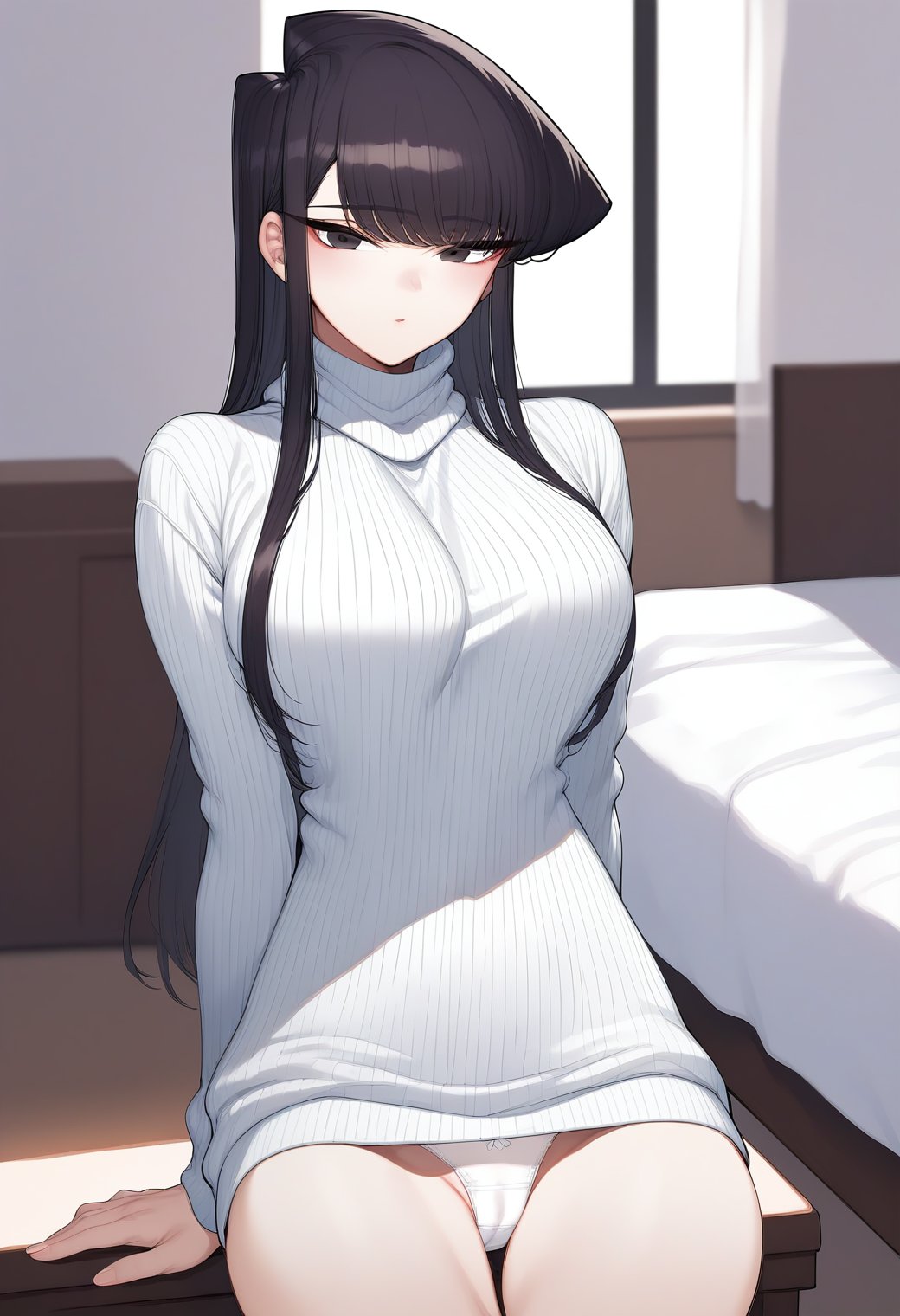 1girl,  cowboy shot, (indoors:1.4), (bedroom:1.4),  sitting,  looking at viewer, white panties,  komi_shouko, black eyes, black hair, long hair, sweater dress, ribbed sweater, turtleneck, <lora:komi_shouko_pony_ver1:0.7>, score_9, score_8_up, score_7_up, BREAK source_anime, rating_explicit, best quality, masterpiece, uncensored,