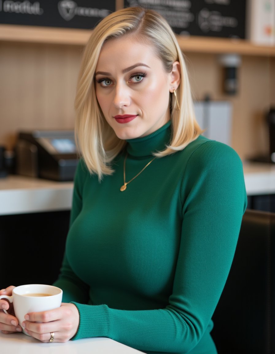 8k hdr. she has blonde hair and She has a light complexion and wears subtle makeup with a focus on bold,  dark red lipstic...