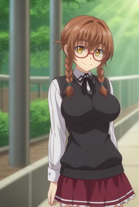 score_9, score_8_up, score_7_up, source_anime, solo, 1girl, looking at viewer, cowboy shot, <lora:HDxDHeroPdxlDwnsty-000004:1>, Aika Kiriyuu, yellow eyes, brown hair,  long hair, twin braids, glasses, school uniform, shirt, skirt, sweater vest, black sweater, red-framed eyewear, smile, large breasts, skindentation,school yard, outdoors, sunlight, tree,