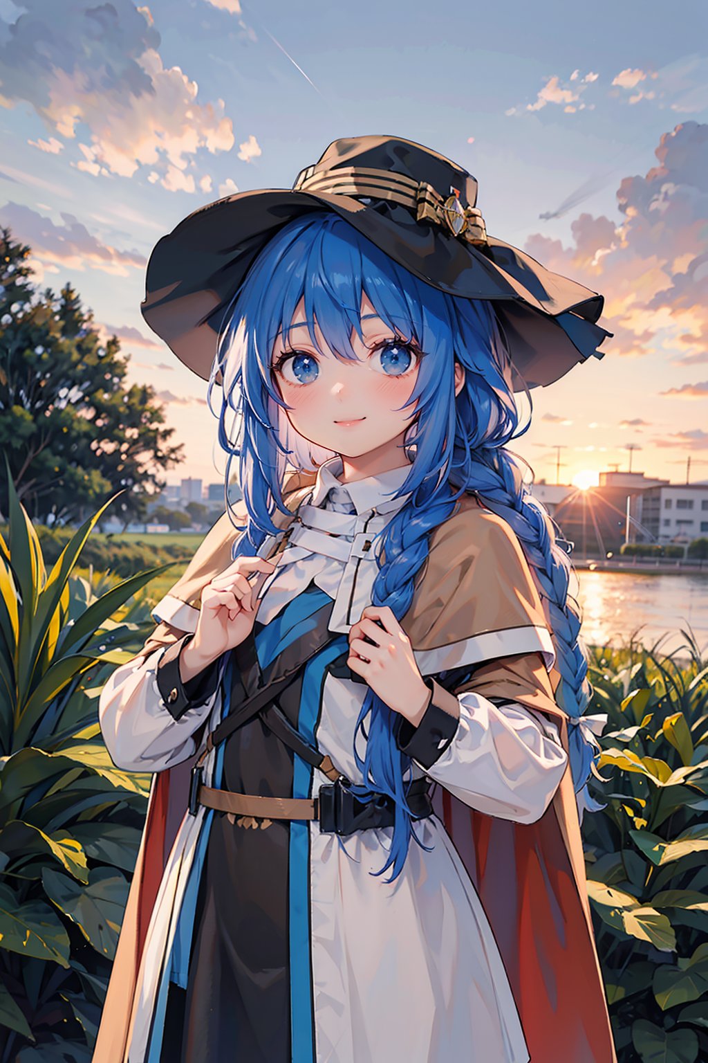 best quality,masterpiece,1girl,roxy migurdia,solo,long hair,looking at viewer,hat,smile,bangs,blue eyes,blue hair,braid,cape,twin braids,brown cape,outdoors,sunset,day,cloud,