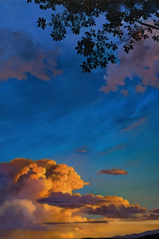 (((masterpiece))),((extremely detailed CG unity 8k wallpaper)),best quality,high resolution illustration,Amazing,highres,intricate detail,(best illumination, best shadow, an extremely delicate and beautiful),acrylic painting, no humans, sky, scenery, outdoors, cloud, tree, blue sky, traditional media, cloudy sky, nature, night, gradient sky, mountain, painting \(medium\),<lora:acrylic_painting-v1:1>,