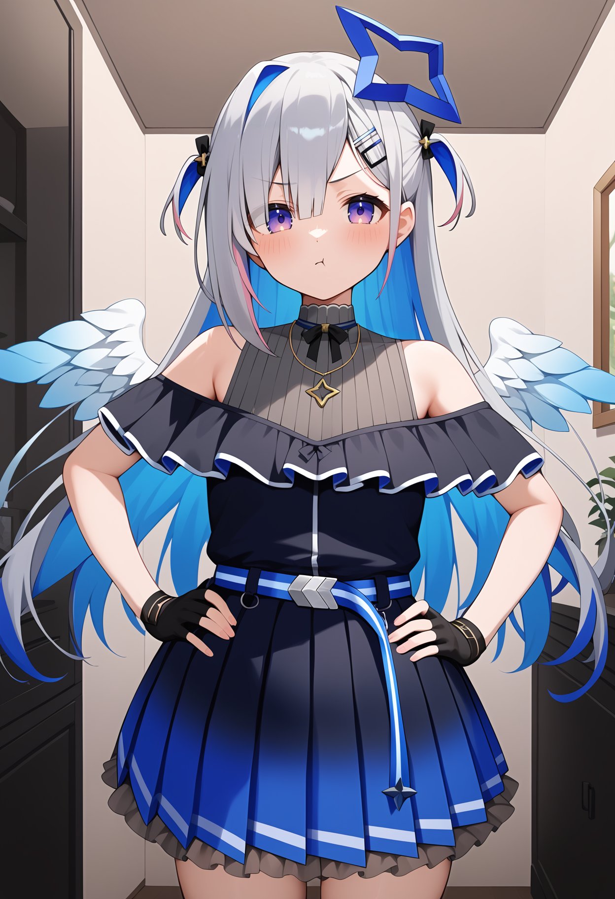 score_9, score_8_up, score_7_up, score_6_up, score_5_up, score_4_up, source_anime, bbkanata, long hair, multicolored hair, grey hair, two side up, hairclip, blue halo, purple eyes, wings, necklace, frills, off shoulder, pleated dress, black dress, sleeveless, fingerless gloves, black gloves, blue belt, gradient skirt, <lora:amane_kanata_ponyxl_v1:0.9>, indoors, pout, hands on own hips, standing, cowboy shot, 