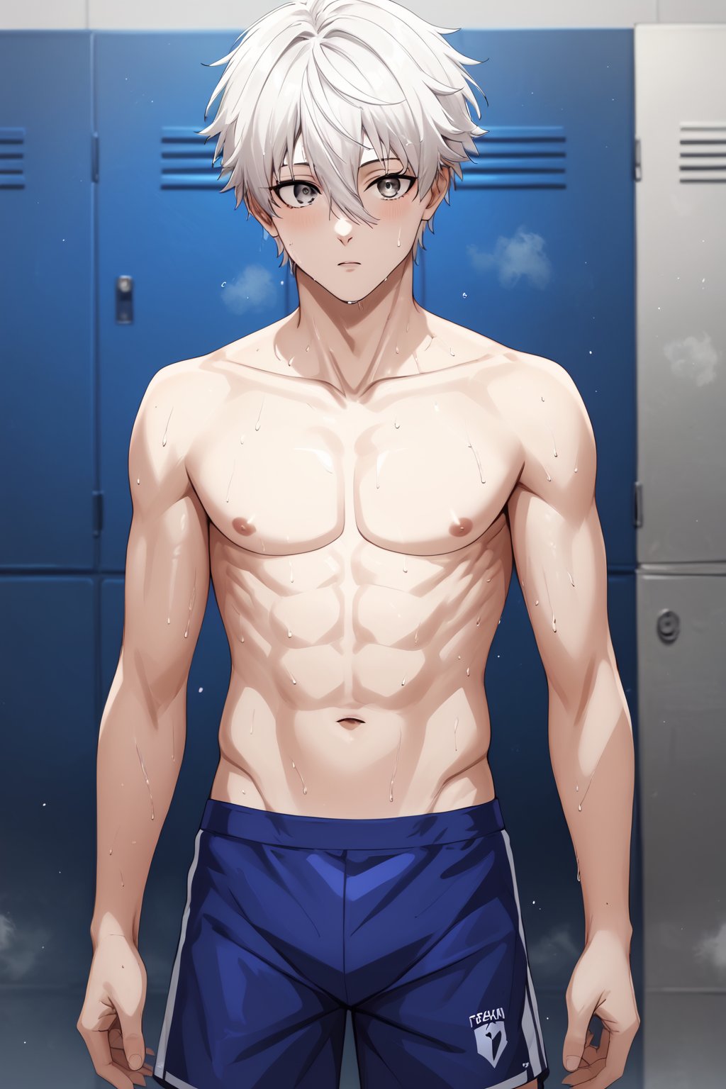 score_9, score_8_up, score_7_up, source_anime, BREAK, 1boy, bishounen, pale skin, (facing to the side, three quarter view:1.4), BREAK, white hair, grey eyes, (skinny:1.1), topless, pectorals, abs, soccer shorts, sweat, wet, detailed eyelashes, detailed eyes, broad shouldered, neutral expression, BREAK, indoor, locker room, day, standing, leaning against locker, boy, nagi_seishirou<lora:EMS-342536-EMS:0.800000>, <lora:EMS-18850-EMS:0.800000>, <lora:EMS-359219-EMS:0.800000>