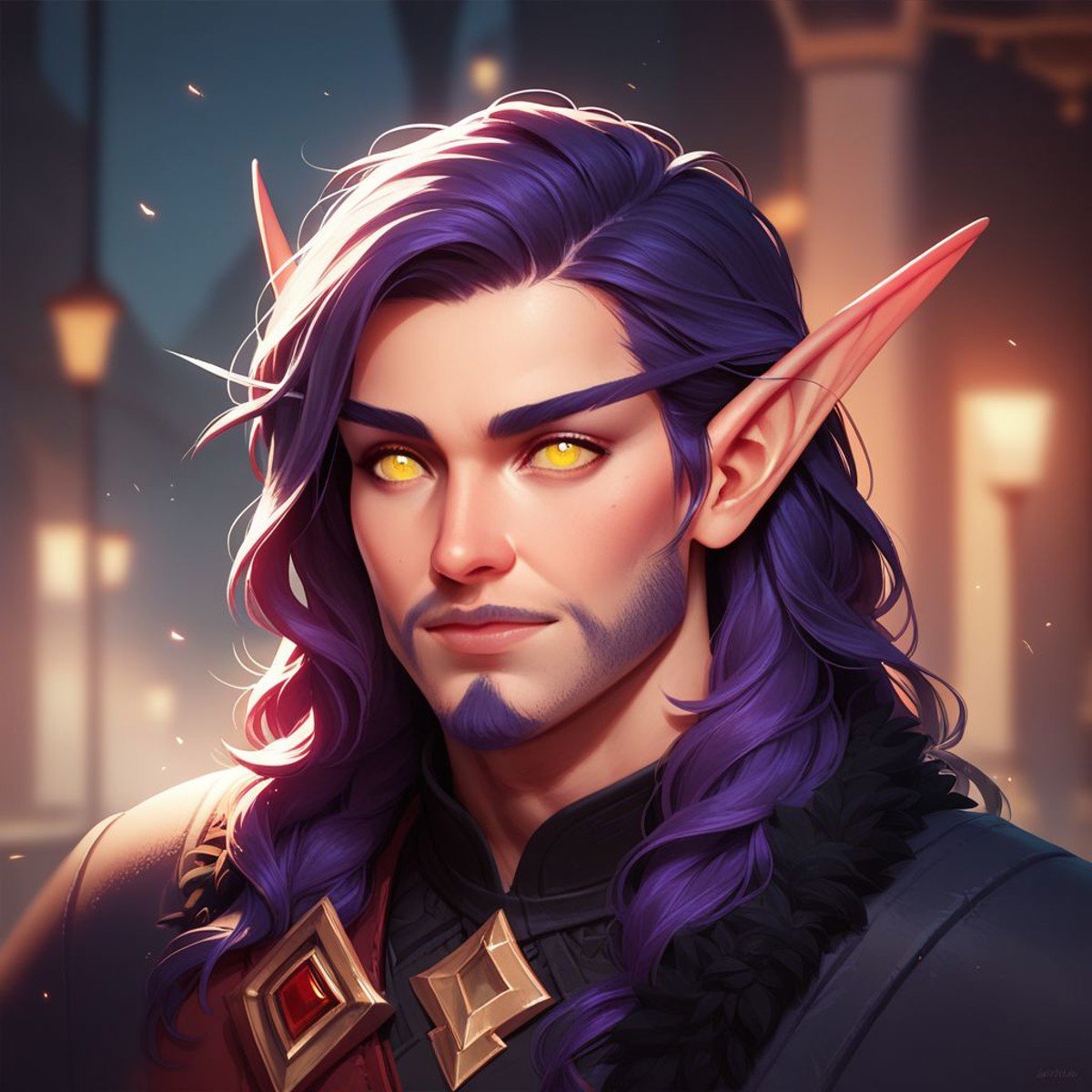 score_9, score_8_up, 8, score_7_up, score_6_up, (dynamic lighting:1.1), ((masterpiece)), solo, portrait, (((beautiful, hyper realistic, high quality))), portrait, score_9, score_8_up, score_7_up, Elf, Pointed ears, Long eyebrows, 1boy, purple long hair, beard, yellow eyes, Fantasy black mantle,fantasy background, blurred background