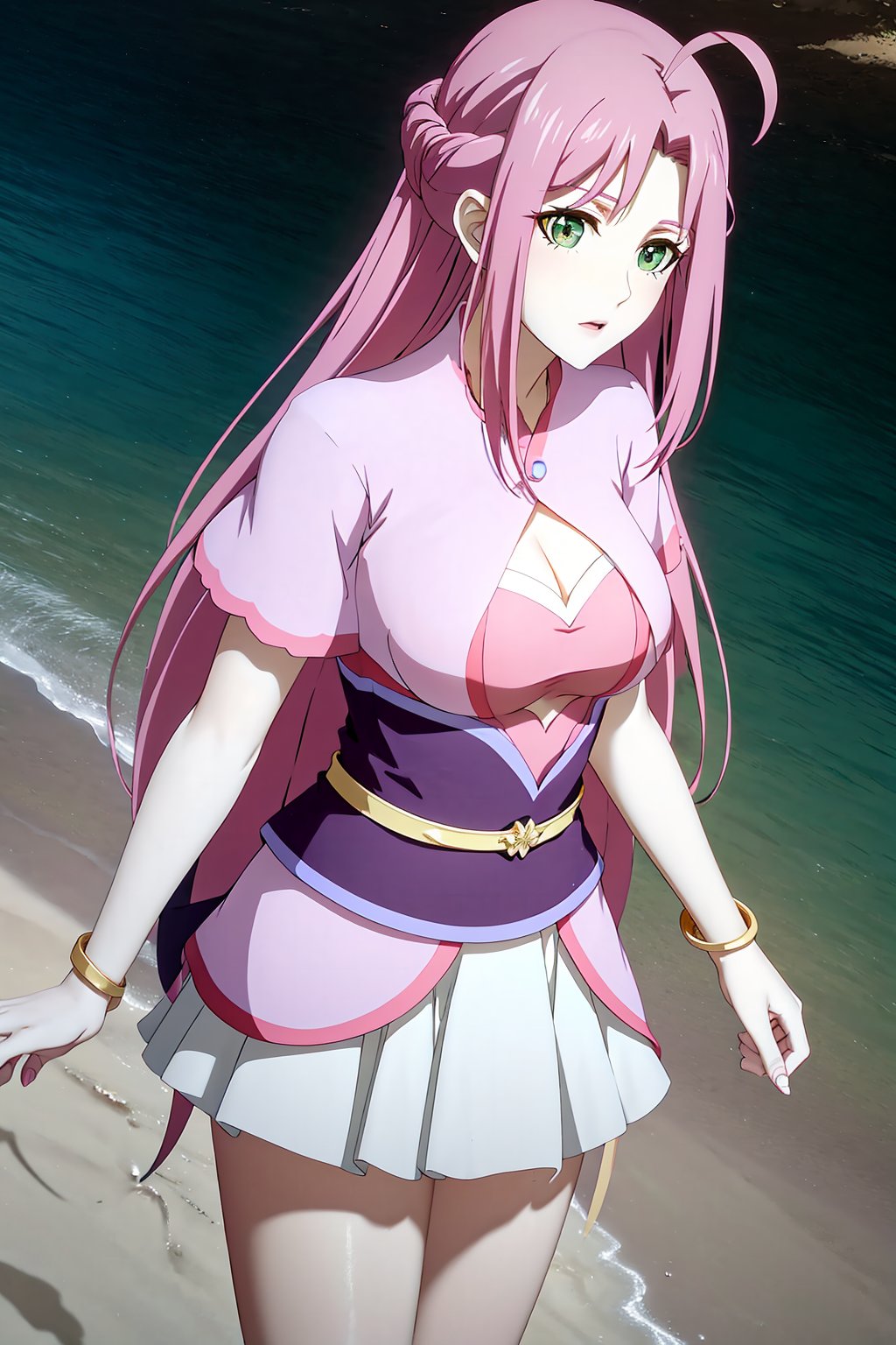 standing, looking at viewer,water,in the water, 1girl,solo,pink hair,green eyes,jewelry,long hair,ahoge,bracelet,parted bangs,photo_\(medium\),(breasts, medium_breasts, cleavage),makeup,(8k, RAW photo, best quality, masterpiece:1.2),(realistic, photorealistic:1.3),ultra-detailed,extremely detailed cg 8k wallpaper,(crystalstexture skin:1.2),extremely delicate and beautiful,