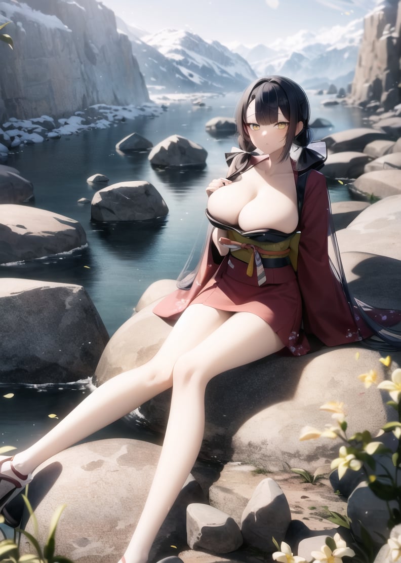 cluseller, incredibly absurdres, best quality, 4k wallpaper, legs apart, 1girl, solo, looking at hand, Dark Yellow eyes, (uneven twintails and dyed Bangs:1.3), huge breasts, hair ribbon, short kimono, Sarashi, the background is A mountainous location full of jagged rocks and boulders, beautifully detailed background, amazing background