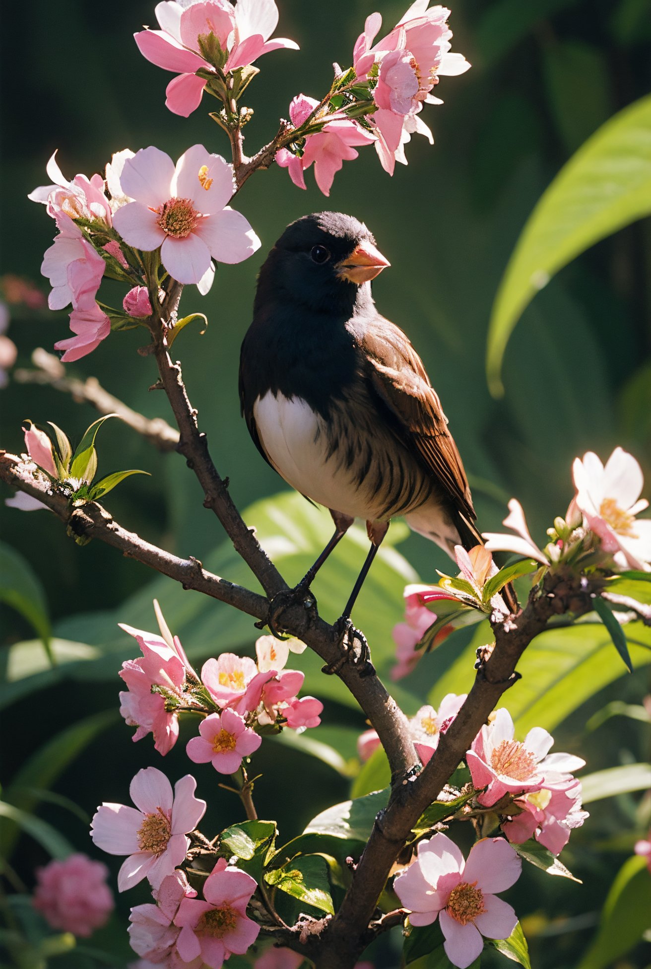 oia stunning, a tiny finch on a branch with spring flowers on background:1.0, aesthetically inspired by Evelyn De Morgan, art by Bill Sienkiewicz and Dr. Seuss, ray tracing, volumetric lighting, octane render,realistic details, surrealistic, sense of reality, intense contrast of light and shadow