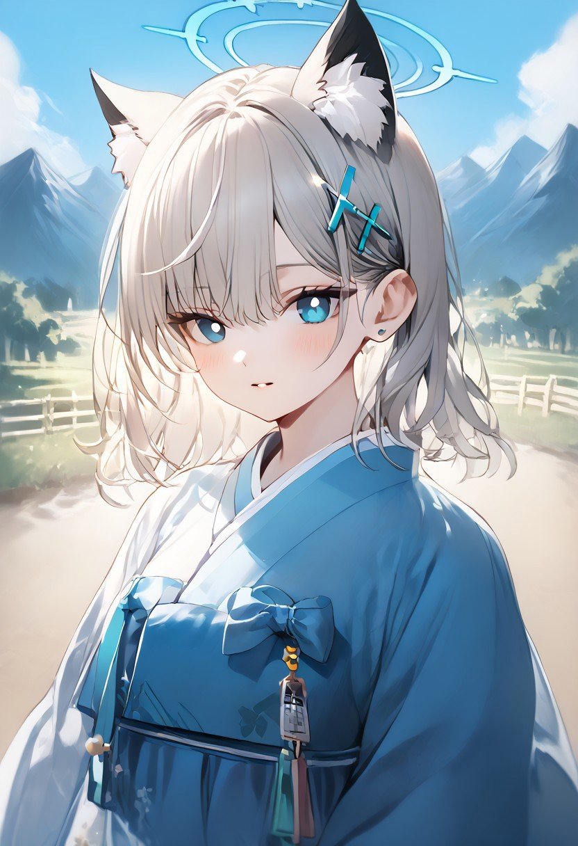 score_9,score_8_up,score_7_up,<lora:blue_archive_all_v3:1>,shiroko_\(blue_archive\), <lora:hanbok-ponyxl-lora-nochekaiser:1>, hanbok, korean clothes, Anime Style, sole, daytime, mountain, mountain at the background, long sleeves, white top, blue skirt