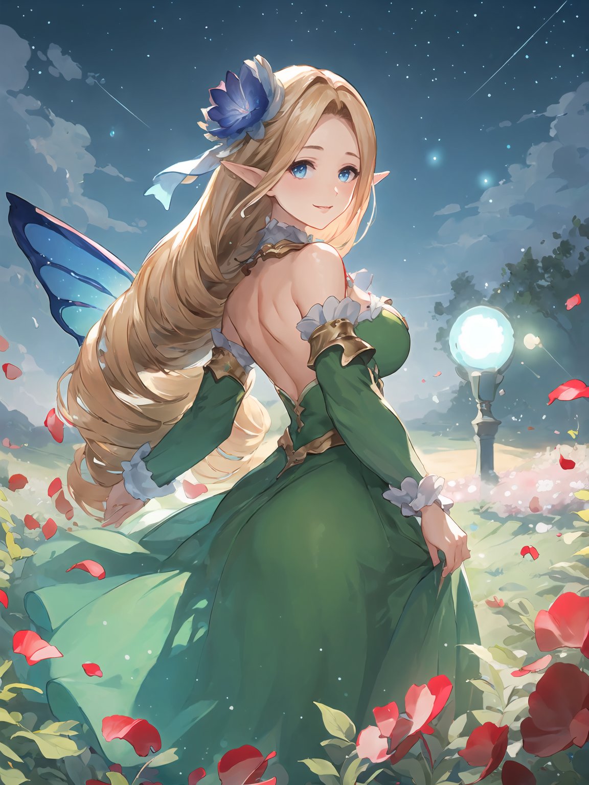 masterpiece,best quality,highres,cinematic lighting,dramatic angle,1girl,blonde hair,drill hair, green dress,parted bangs,cleavage,looking at viewer,pointy ears,blue eyes,bare shoulders,wings,frills,petal,grass,smile,<lora:ShadowverseBrilliantFairyV1-000021:0.8:lbw=jiangshi3>,detached collar,hair flower,depth of field,detached sleeves,straight-on,head tilt,close-up,night,starry sky,glowing particles,fairy,dance party,petals,skir lift,dress lift,happy,partedd lips,crowd,from behind,backless outfit