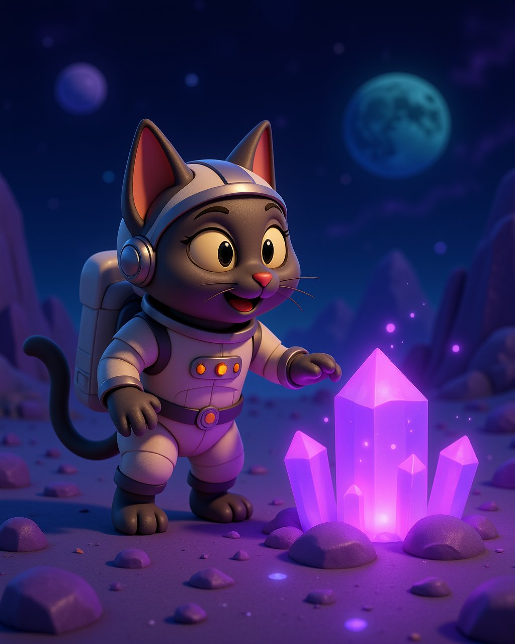 space cats,  an adult cat in a spacesuit exploring an alien planet surface covered in glowing purple crystals,  the cat sn...