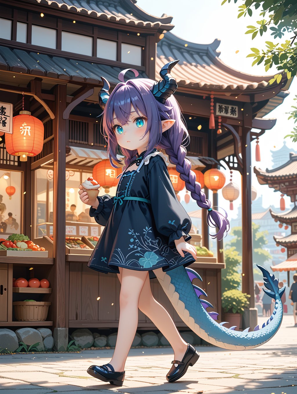 score_9, score_8_up, score_7_up, outdoors, chinese architecture, maple tree, gazebo, close-up, indirect lighting, chinese architecture cityscape, light particles, side view,market, walking, holding food, expressionless, blush,, horns, dragon horns, aqua eyes, braid, twin braids, (dragon tail:1.1), long hair, dragon girl, purple hair, crossed bangs, dress, short dress, black dress, blue dress, long sleeves, petite, chibi, ahoge, slit pupils, pointy ears, glowing eyes, full body,