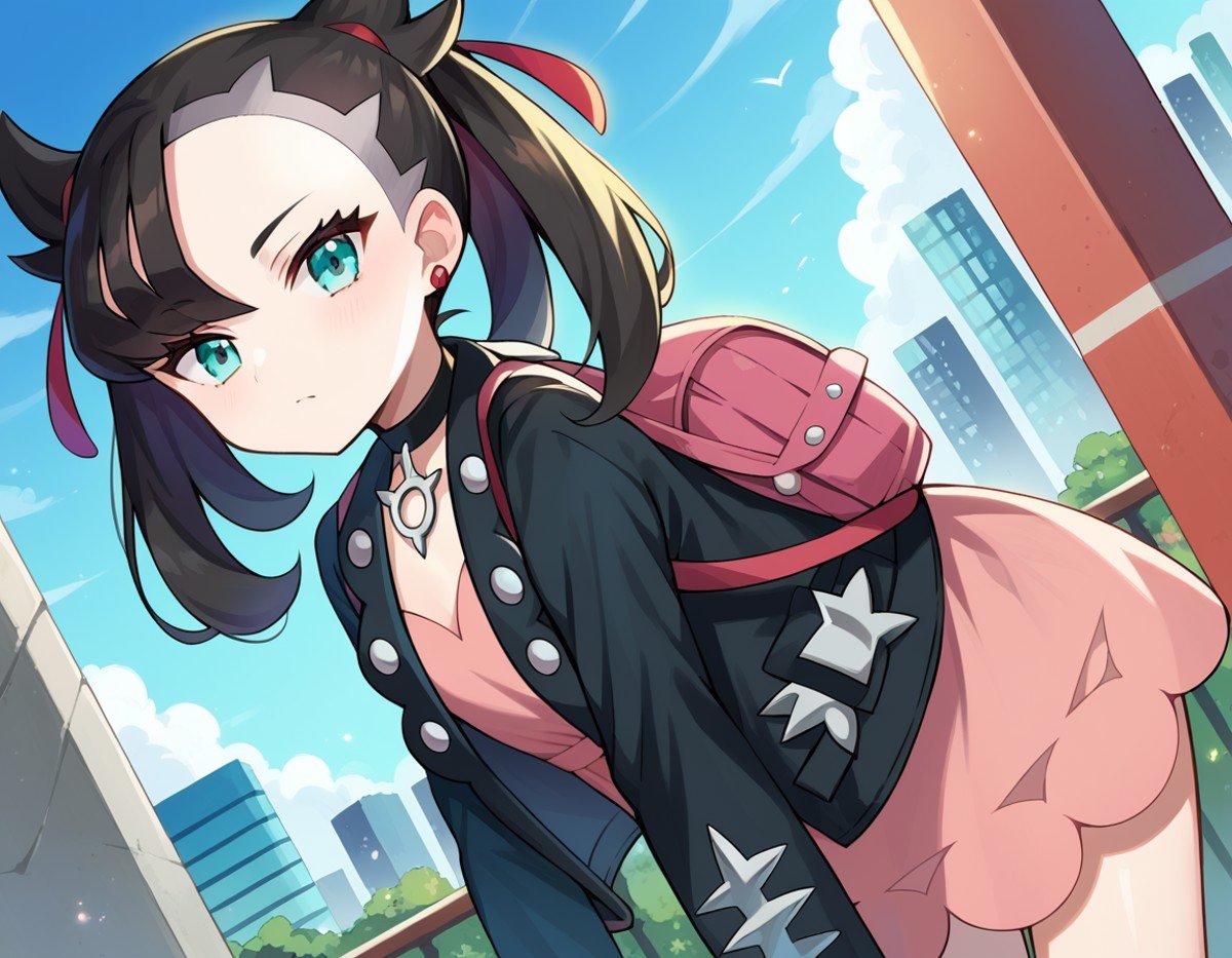 score_9, score_8_up, score_7_up, source_anime,pokemonmarnie, <lora:pokemon-marnie-ponyxl-lora-nochekaiser:1>pokemonmarnie, aqua eyes, asymmetrical bangs, asymmetrical hair, black hair, hair ribbon, long hair, red ribbon, ribbon, twintails,backpack, bag, black choker, black jacket, choker, dress, earrings, jacket, jewelry, long sleeves, open clothes, pink bag, pink dress,outdoors, cityscape, bent over,looking at viewer, cowboy shot, dutch angle,