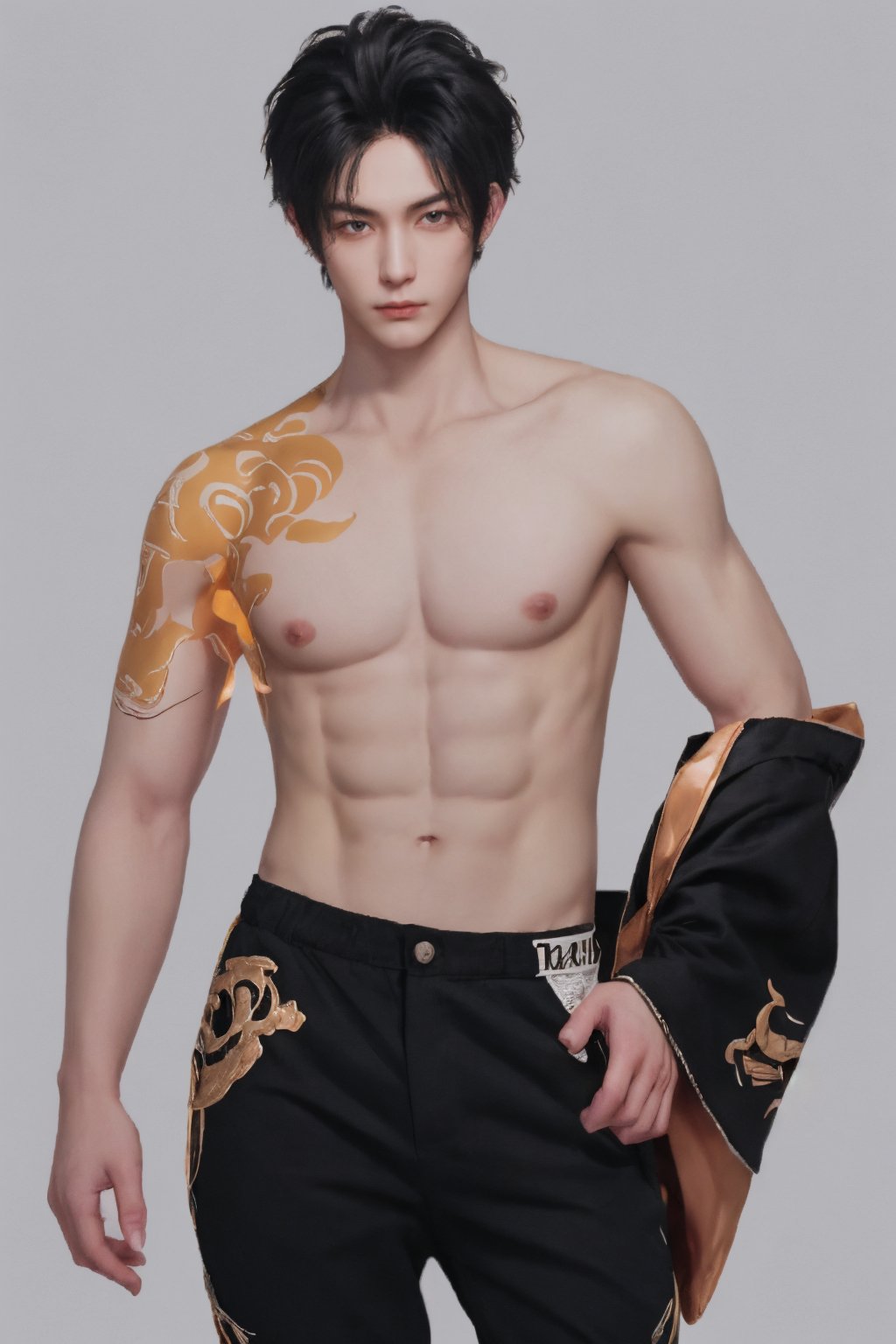 1boy,male focus,solo,black hair,tattoo,realistic,white background,nipples,abs,full body,<lora:future-hei:0.9>,thigh gap,pants,black pants,