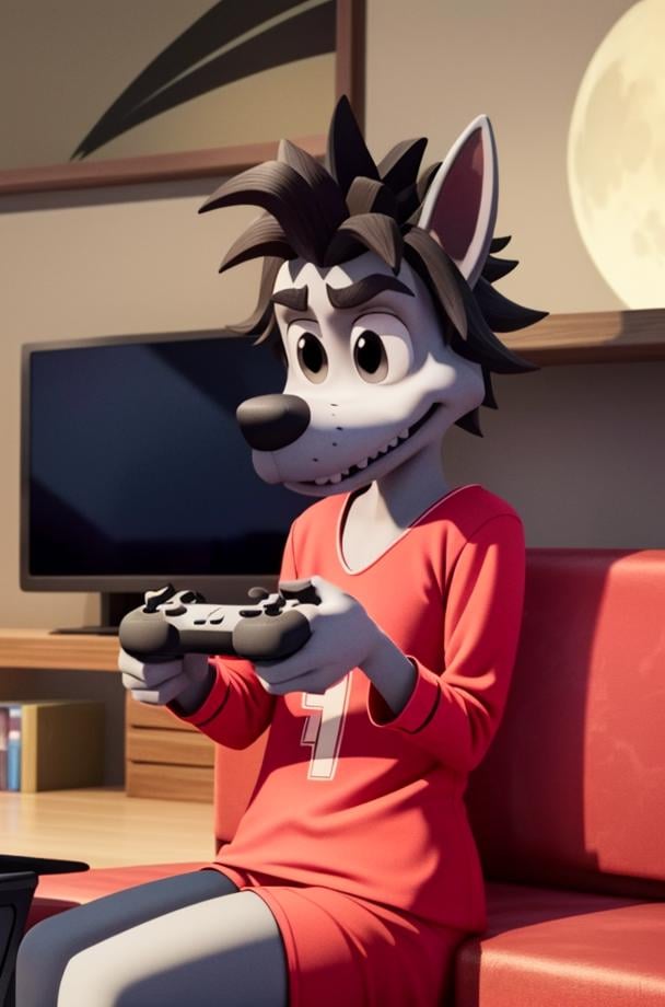 NuPogodiNewWolf, (chest tuft, moon pattern pajamas, tail, teeth), (indoor, sitting, couch, holding game controller, playing videogame), (masterpiece:1.2),3D, Unreal Engine Render,  hires, ultra-high resolution, 8K, high quality, (sharp focus:1.2), clean, crisp, cinematic, <lora:Vlk-v1:0.7>