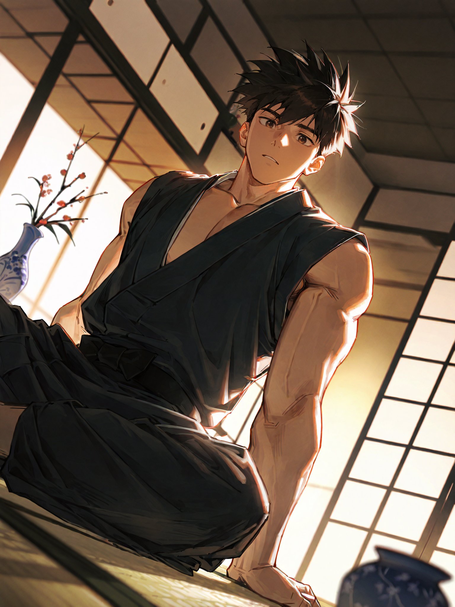 Ominae Yu,  black spiked hair,  brown eyes by Oyatsu000 on Tensor.Art