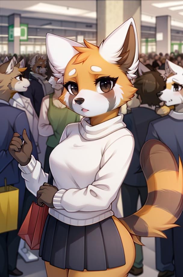 1girl, RetsukoCzar, (two-toned fur, orange fur, black eyes, whiskers, animal ears, racoon tail, striped tail, snout), (skirt, sweater), (interior, shopping center, signs, sale signs, clothing, crowd, crowded, mannequin), (masterpiece:1.2), hires, ultra-high resolution, 8K, high quality, (sharp focus:1.2), clean, crisp, cinematic, <lora:Retsuko-20:1>